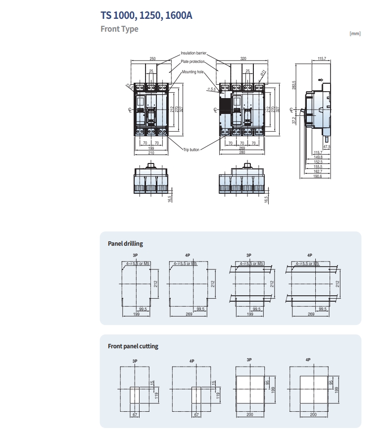 mccb ls ts1000 ts1250 ts1600 3p 4p front type kich thuoc cad