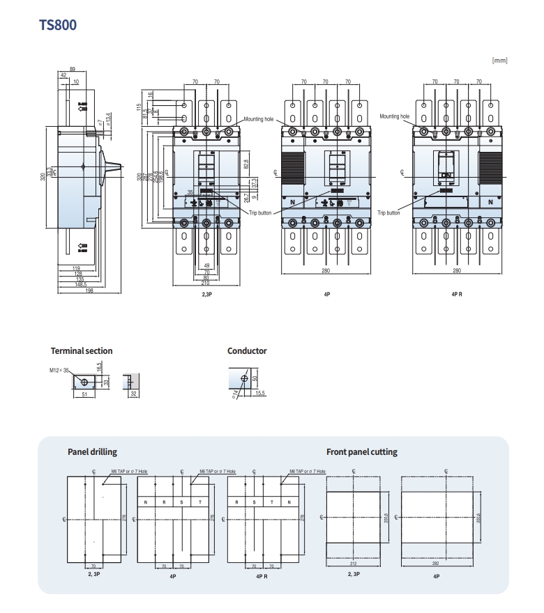 mccb ls ts800 2p 3p 4p kich thuoc cad