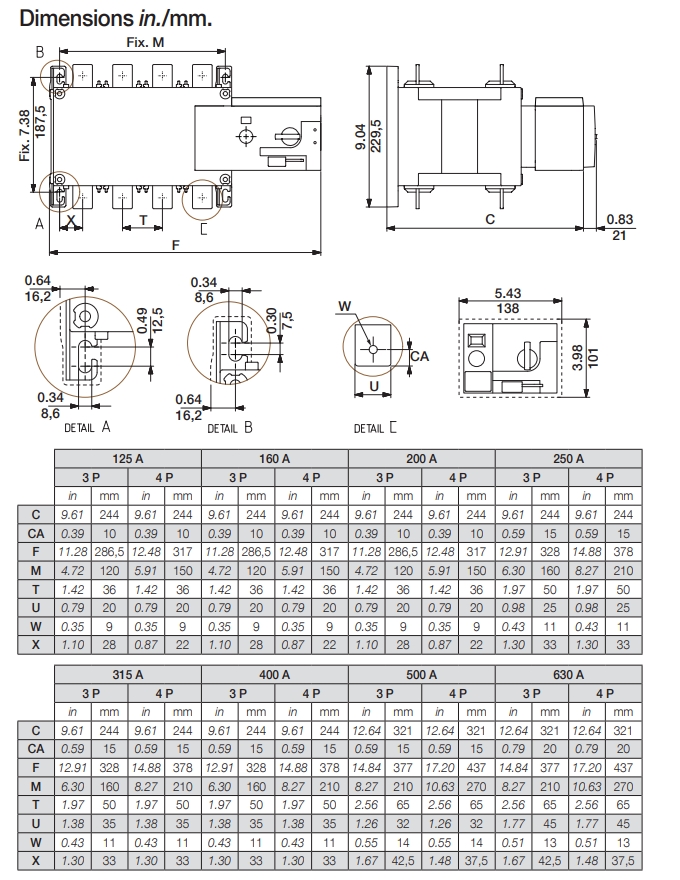 kich thuoc ats socomec atys r 125a 160a 200a 250a 315a 400a 500a 630a