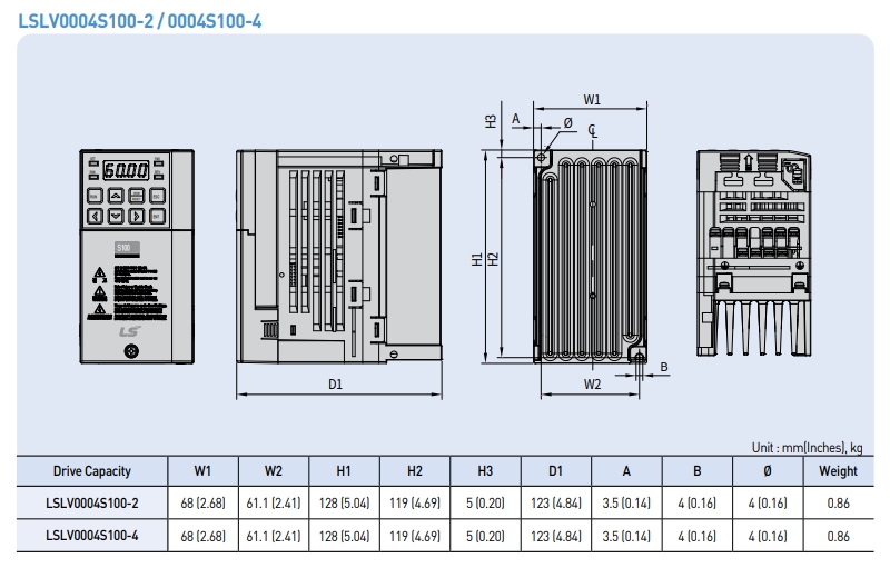 Biến tần LS LSLV0004S100-4EONNS 0.4/0.75kW 3 pha 380V kich thuoc bien tan ls s100 ip20 0.4kw-2 0.4kw-4