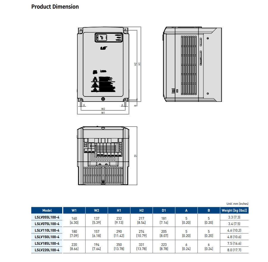 kich thuoc bien tan ls l100 5.5kw 7.5kw 11kw 15kw 18.5kw 22kw