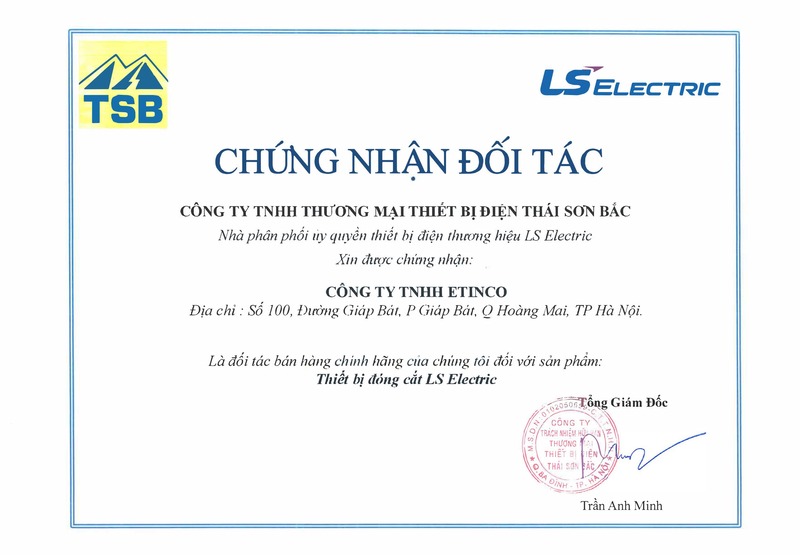chung nhan Etinco phan phoi LS Electric - Thiet bi dong cat