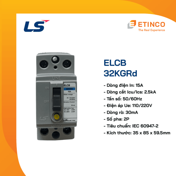 32KGRd 15A | Aptomat cóc chống giật LS RCBO 15A 30mA 2P 2.5kA