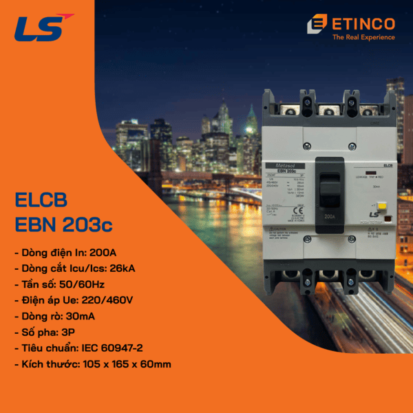 EBN203c 200A | CB khối chống giật LS ELCB 200A 30mA 3P 26kA