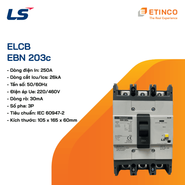 EBN203c 250A | CB khối chống giật LS ELCB 250A 30mA 3P 26kA