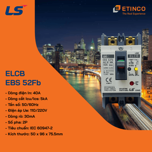 EBS52Fb 40A | Aptomat khối chống giật LS ELCB 40A 30mA 2P 5kA