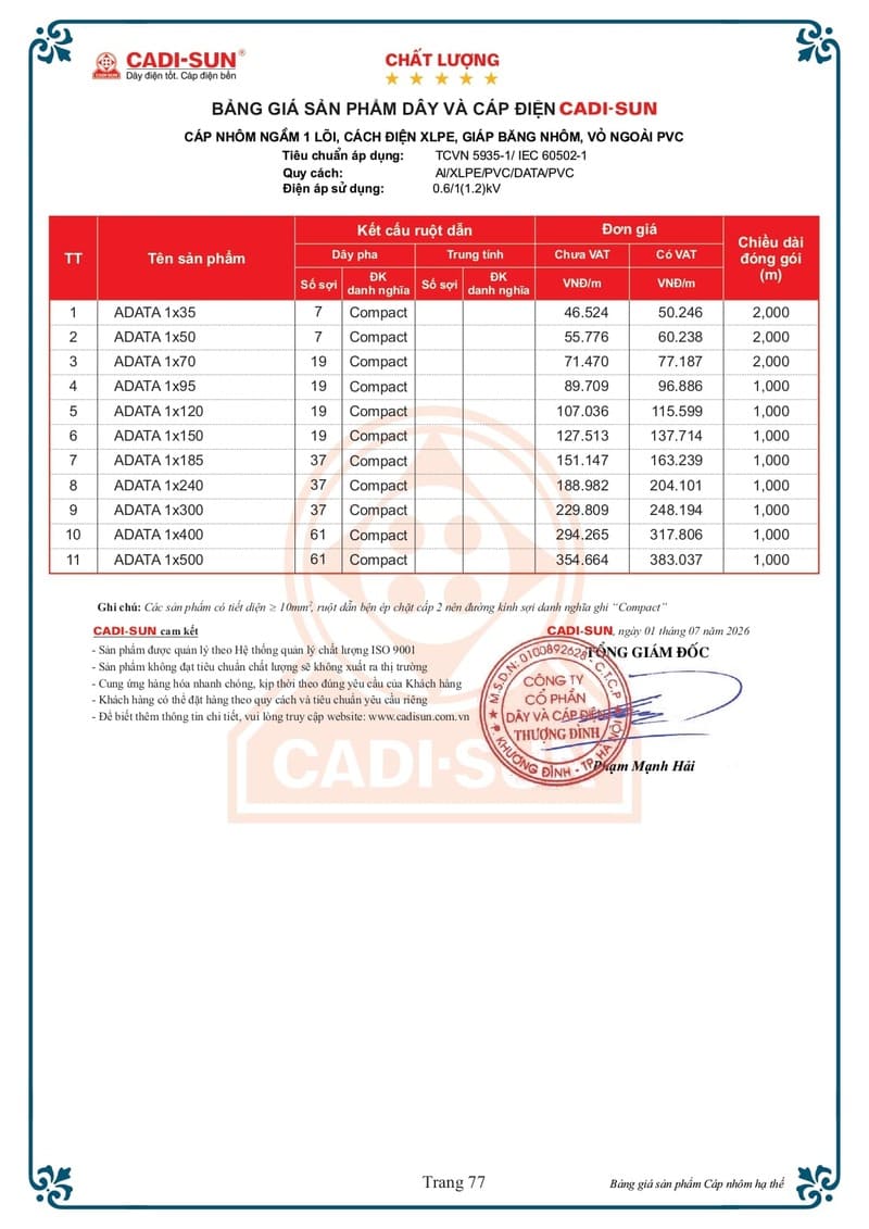 Bảng giá Cáp nhôm Cadisun 2026 mới Bảng giá Dây cáp điện Cadisun hạ thế 1-7-2026 trang 77