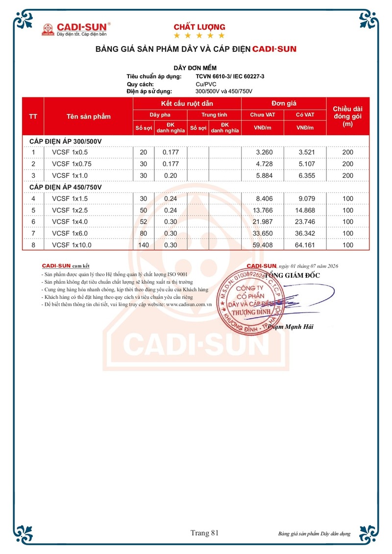 Bảng giá Dây tiếp địa Cadisun 2026 mới Bảng giá Dây cáp điện Cadisun hạ thế 1-7-2026 trang 81