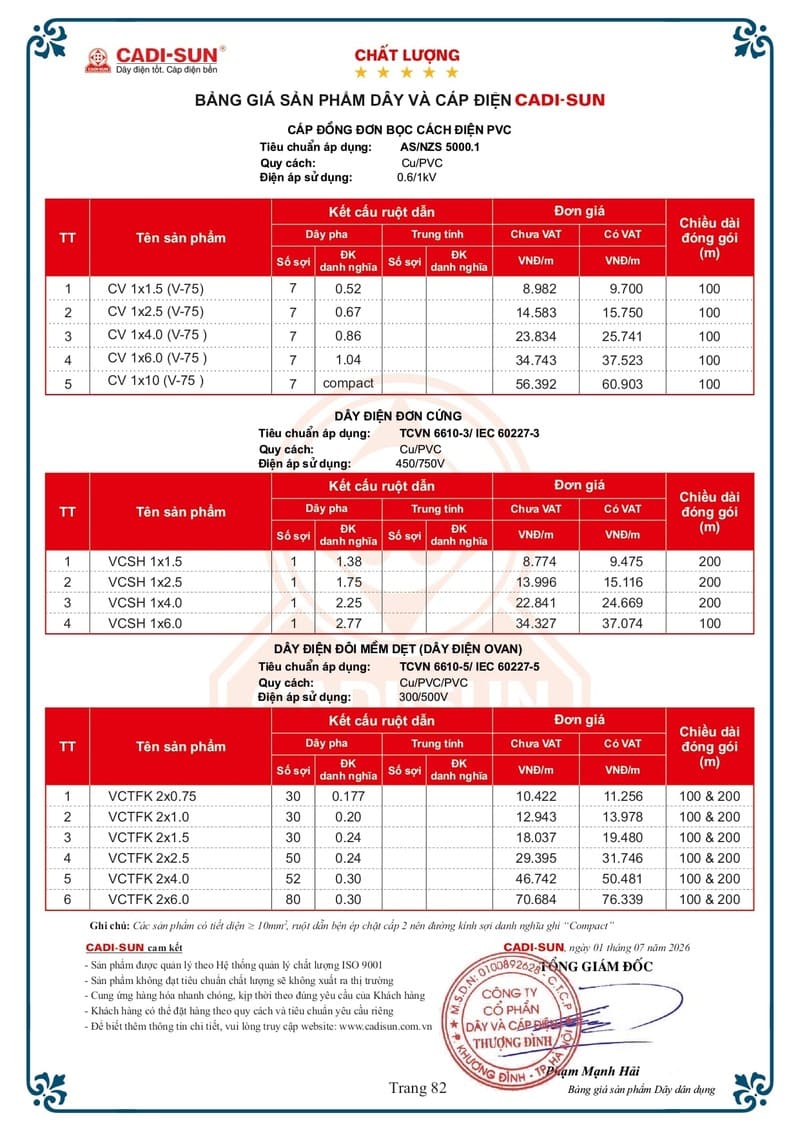 Bảng giá Dây tiếp địa Cadisun 2026 mới Bảng giá Dây cáp điện Cadisun hạ thế 1-7-2026 trang 82