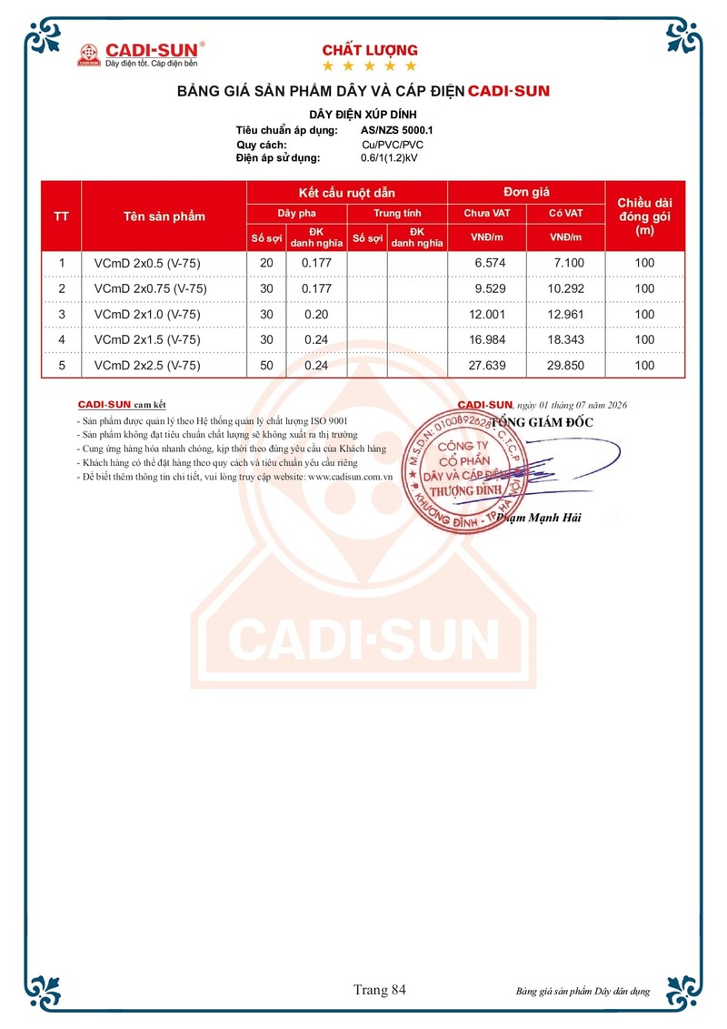 Bảng giá Dây cáp điện Cadisun hạ thế 1-7-2026 trang 84