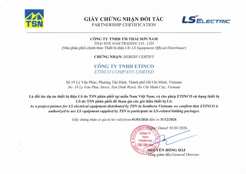 Nhà phân phối thiết bị điện LS TP. HCM - Bảng giá 2026 chung-nhan-Etinco-phan-phoi-LS-Electric-mien-Nam