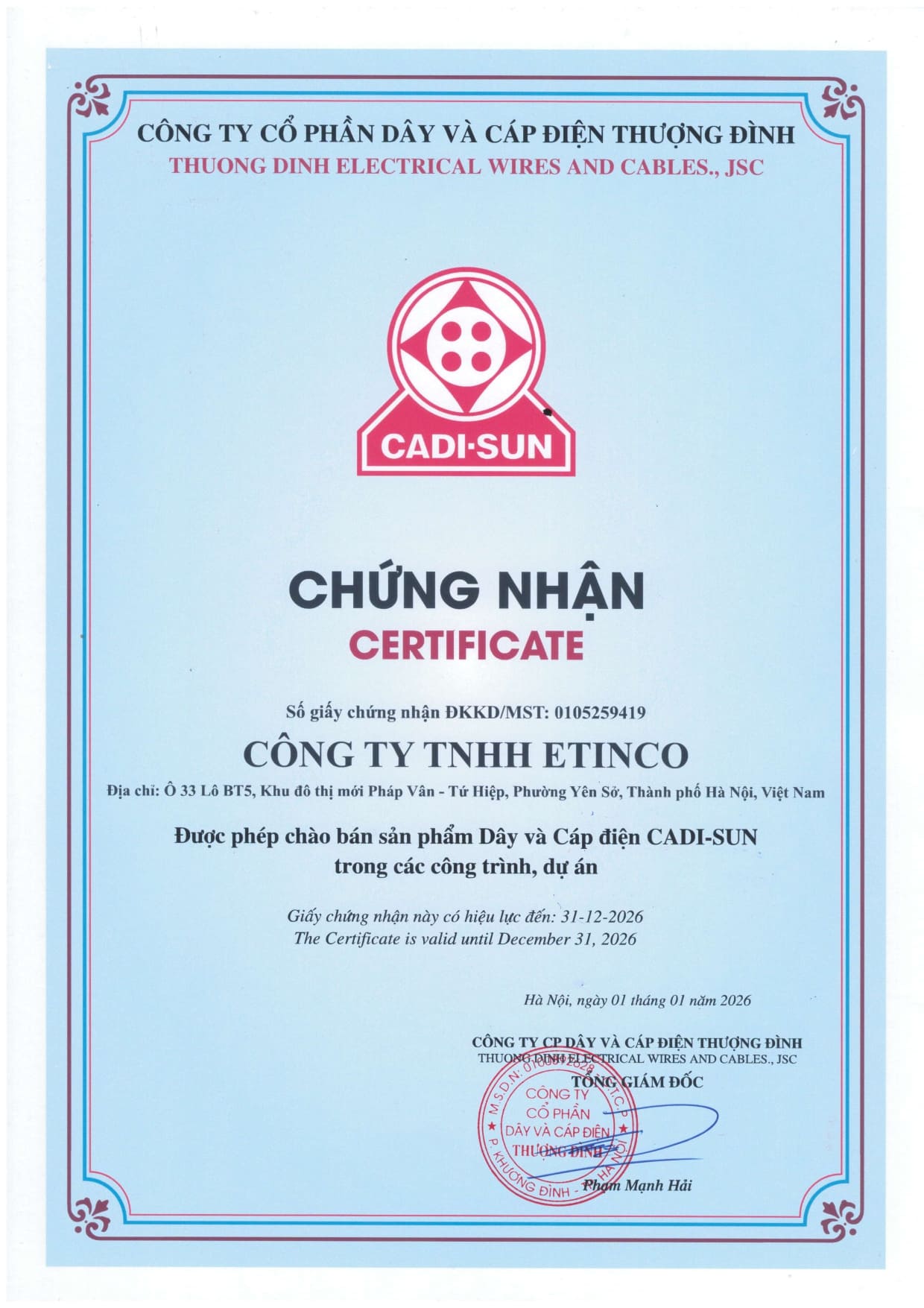 chung nhan cadisun etinco 2026