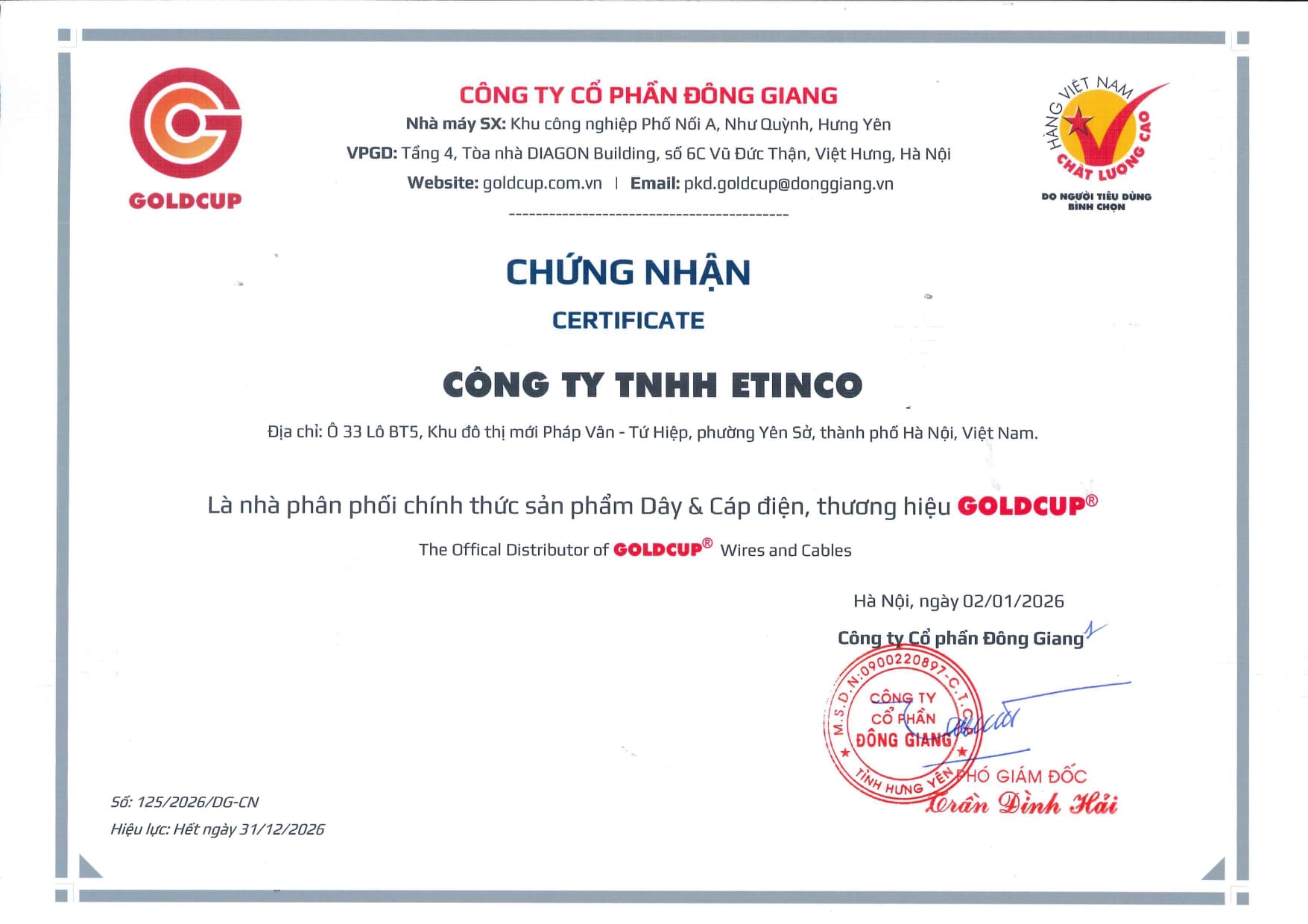 Bảng giá Dây cáp điện Goldcup 2026 mới | Đầy đủ & chi tiết chung nhan etinco phan phoi goldcup 2026