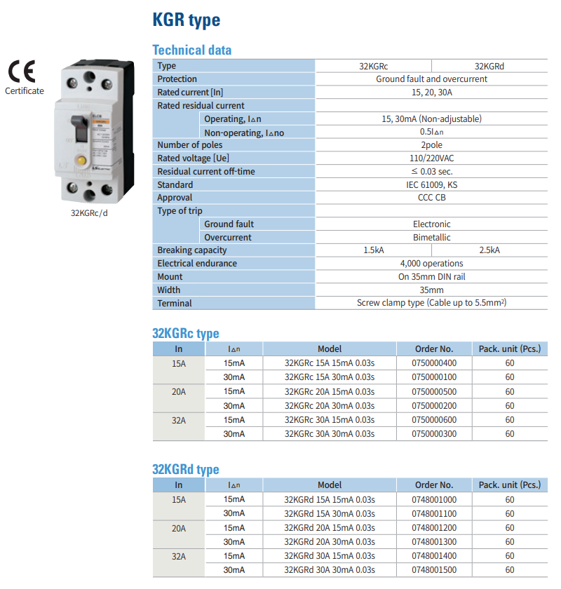 32KGRd 15A | Aptomat khối chống giật LS ELCB 15A 30mA 2P 2.5kA thong so ky thuat elcb ls 32kgr
