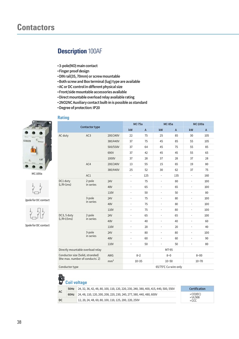 MC-100a 220VAC | Contactor LS 100A 3P 30kW 2NO2NC thong so ky thuat metasol contactor ls 3p 100af