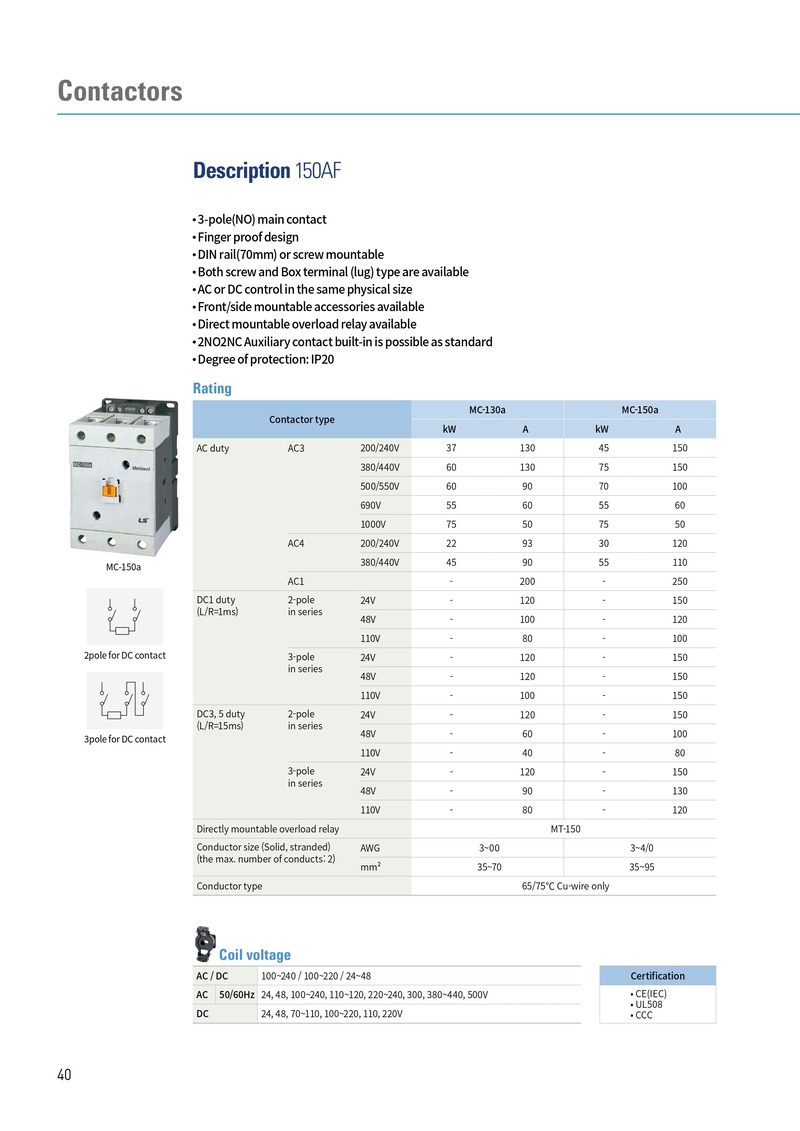 MC-150a 220VAC | Contactor LS 150A 3P 45kW 2NO2NC thong so ky thuat metasol contactor ls 3p 150af