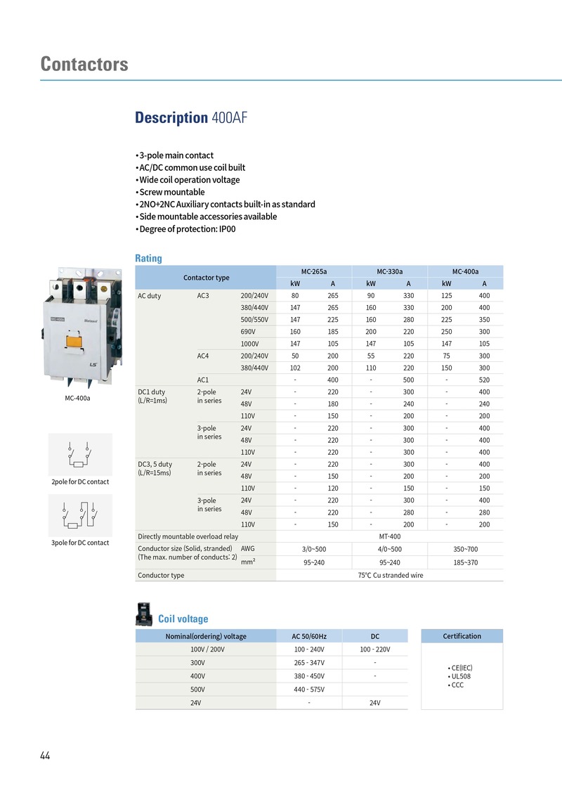 MC-330a 380VAC | Contactor LS 330A 3P 160kW 2NO2NC thong so ky thuat metasol contactor ls 3p 400af