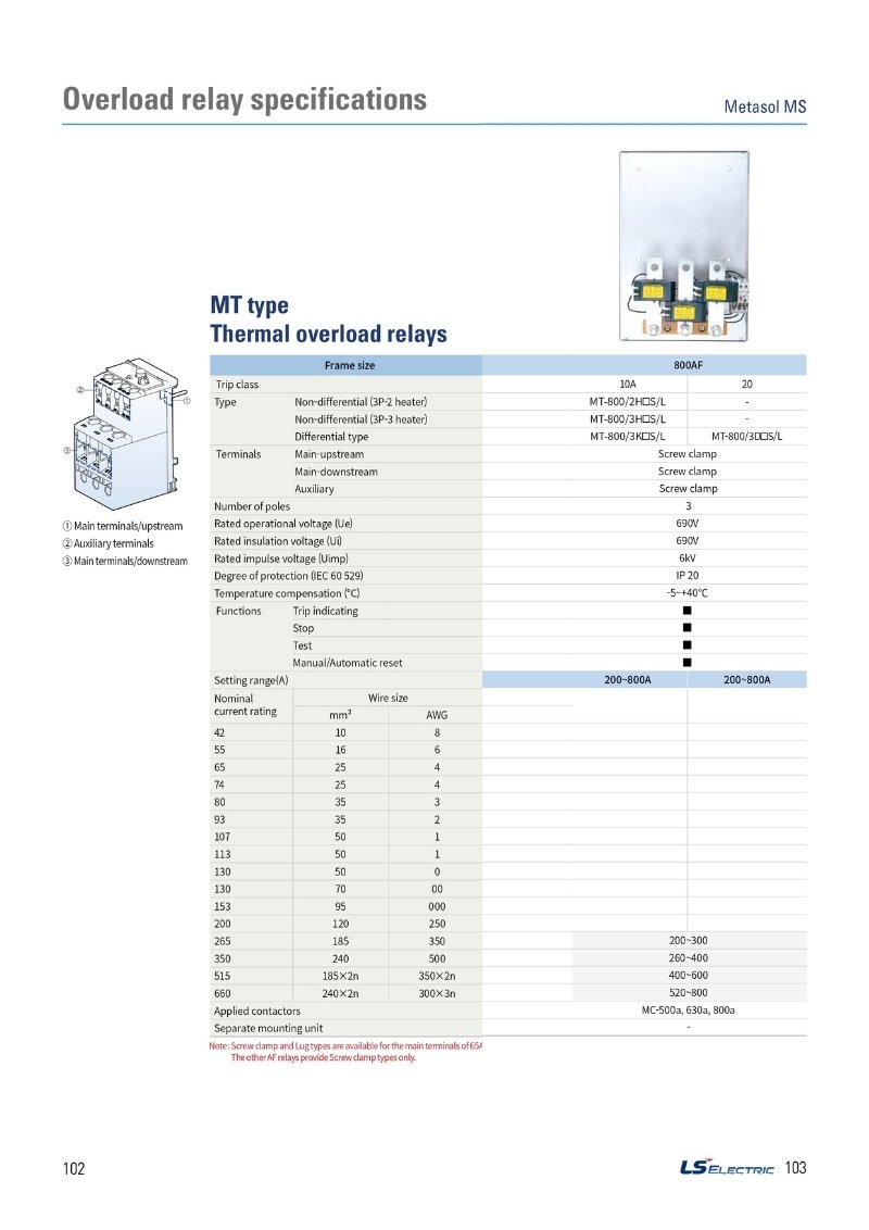MT-800 | Rơ le nhiệt LS 200-800A 3P 690V thông số kỹ thuật metasol rơ le nhiệt LS MT800 800AF